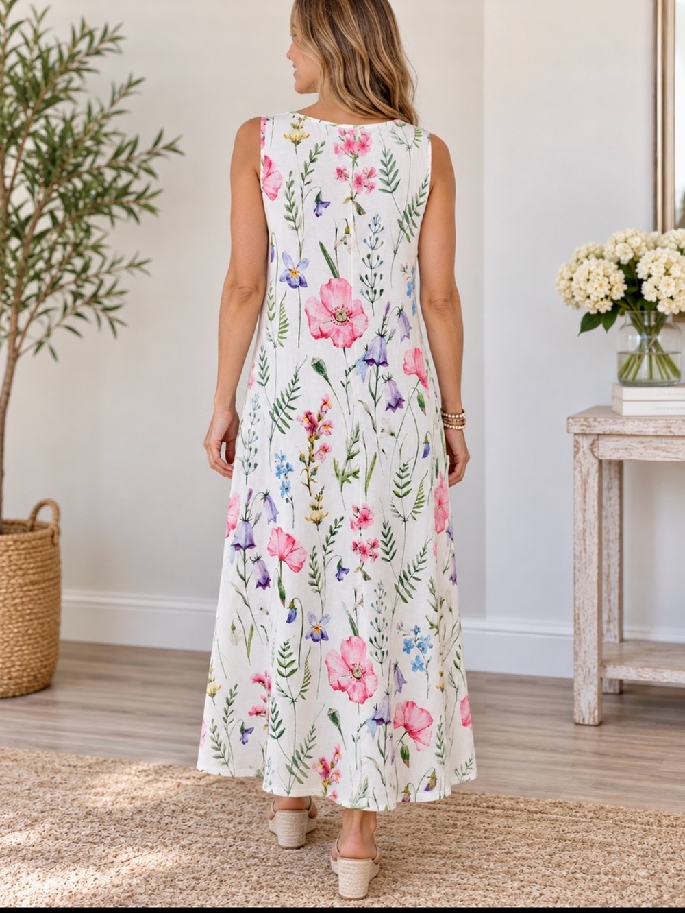 Sleeveless White Floral Maxi Dress with Pink & Purple Blooms - Picture 2 of 7